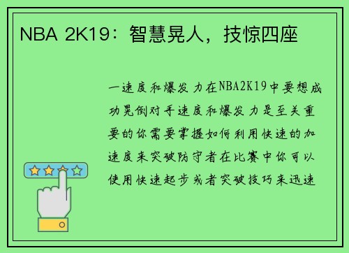 NBA 2K19：智慧晃人，技惊四座
